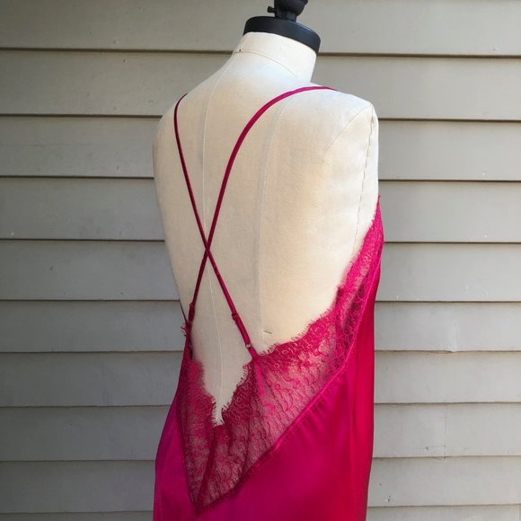 NWOT New 100% Silk Pink Red Lace Criss Cross Chemise Negligee Full Slip Dress M - Picture 8 of 17